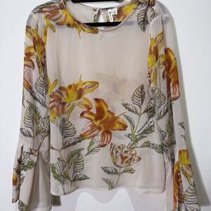 Versona Sheer XL‎ Cream Floral Boho Top Blouse Bell Sleeves Office Dinner Party